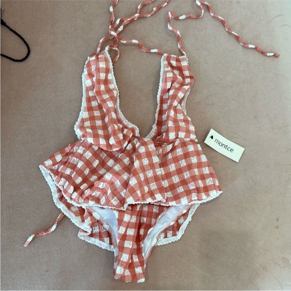 Montce Other - Montce Pampas one piece deep v gingham ruffle swimsuit NWT